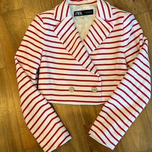 Zara cropped knit sailor blazer jacket gold buttons striped classic xs